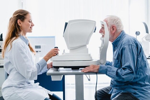 Optometrist examines elderly man's vision using autorefractor in clinic.