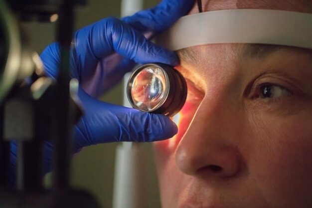 Close-up of eye exam as doctor uses ophthalmoscope to inspect patient's retina.