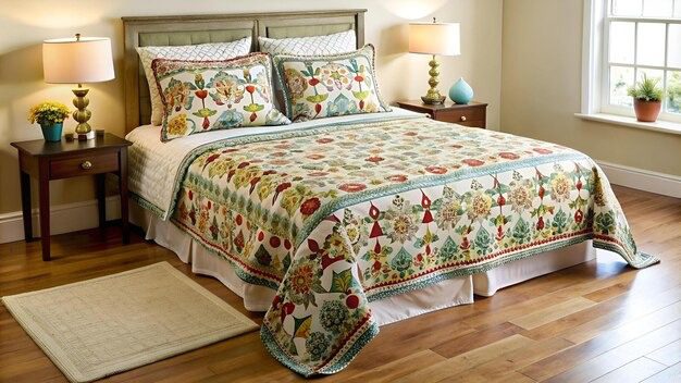 Best Bedsheets for Every Season and Comfort Needs 2 A neatly made bed with a floral-patterned quilt and matching pillows, flanked by wooden nightstands and lamps in a bright bedroom.