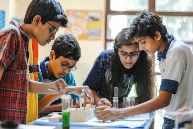 Students collaborating on a science experiment with test tubes and lab equipment in a classroom.