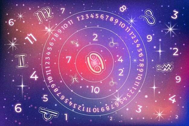 Colorful zodiac wheel with numbers and astrological symbols glowing against a starry purple-pink background.