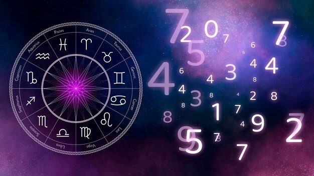 Astrology chart with zodiac signs beside floating glowing numbers on a cosmic purple and blue space background.