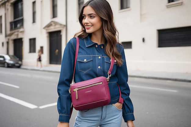 Smiling woman in a denim shirt walking on a city street with a pink crossbody bag.

