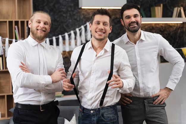 Three smiling men in white shirts posing together in a modern office.